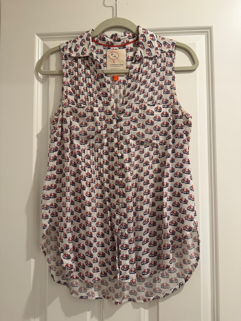 Anthropologie White Sleeveless Blouse with Red & Navy Bicycle Print